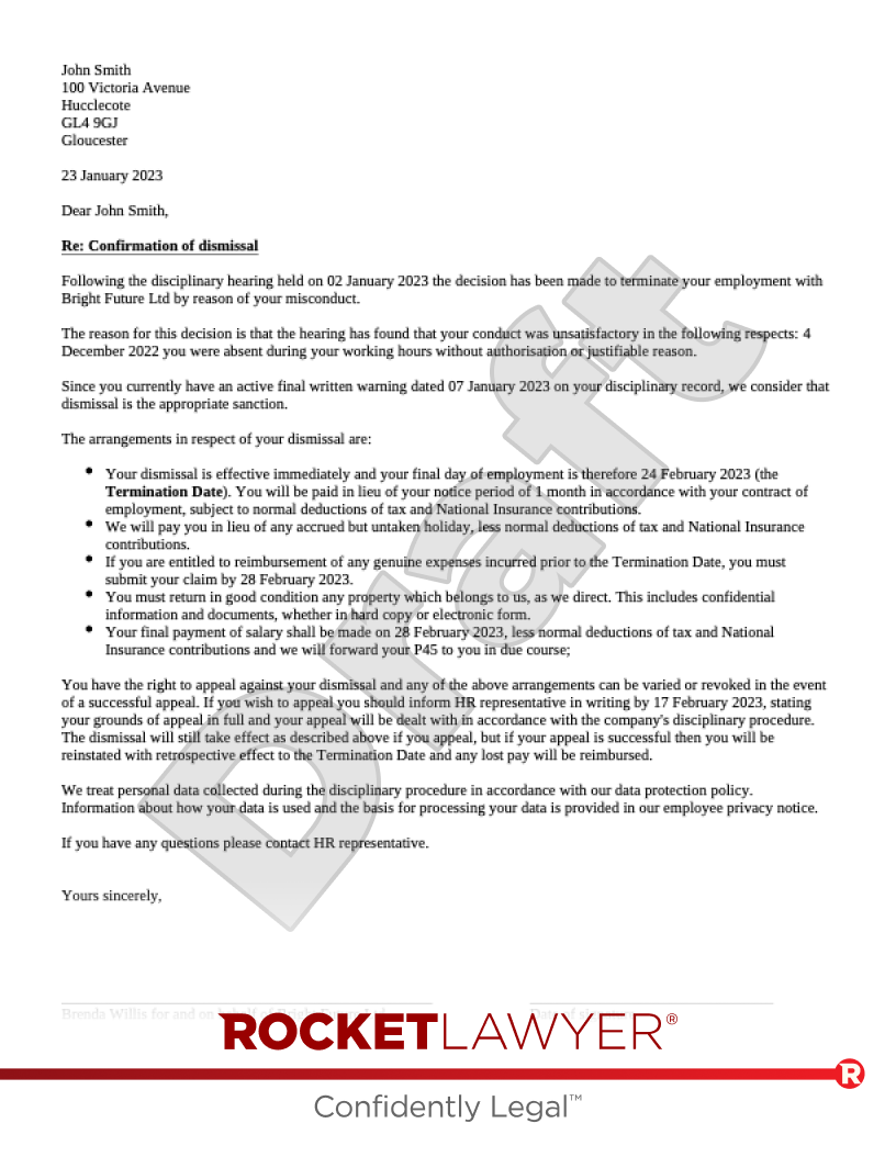 Dismissal Letter For Misconduct Template Rocket Lawyer Uk